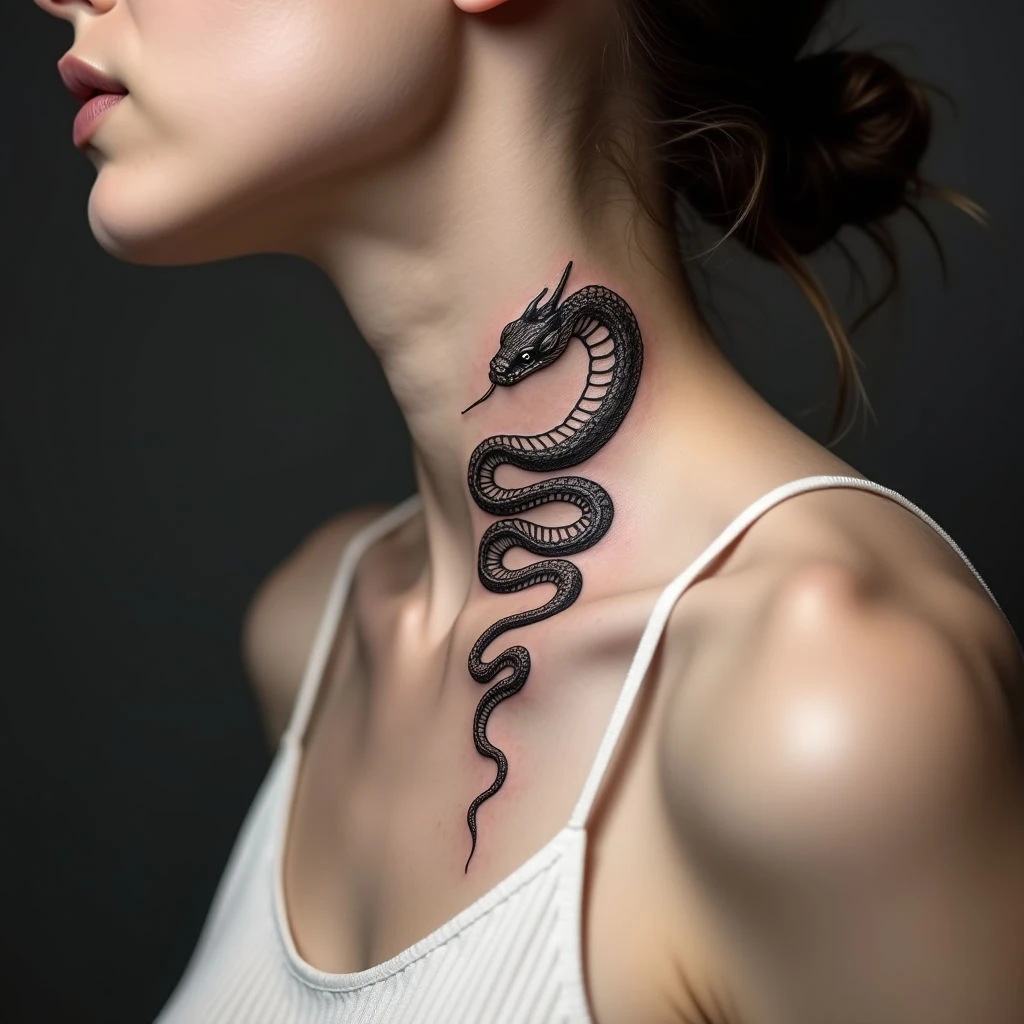 Illustrative Snake Tattoo on the Neck